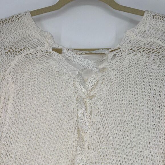 New Together Apparel Crocheted Open Weave Lace-Up Back V-Neck Sweater‎ Cream S/M - Picture 8 of 14